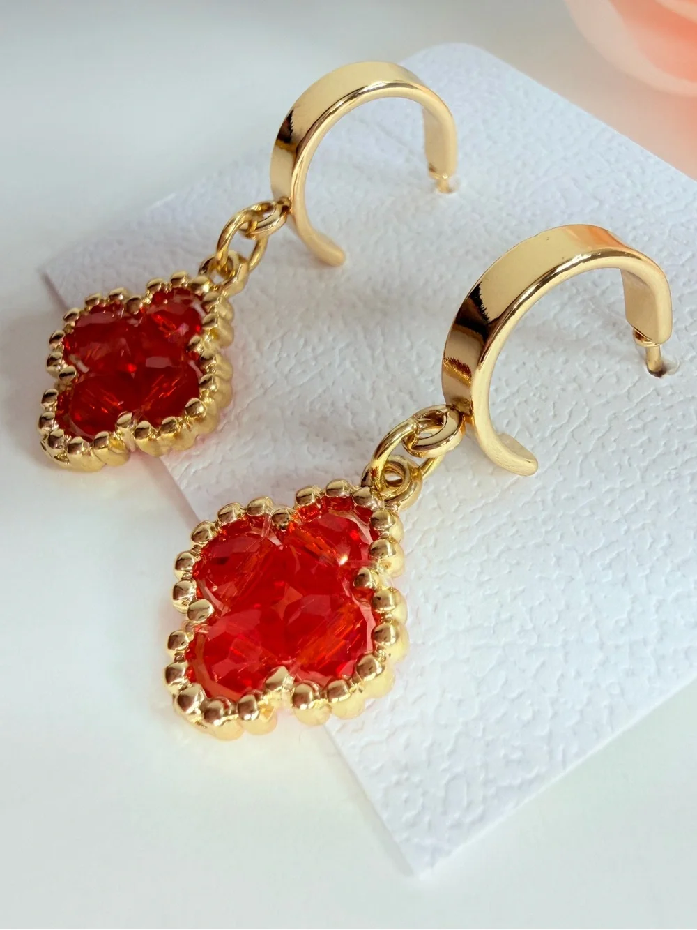 Gold Hoop Earrings with Red Crystal Clover Drops